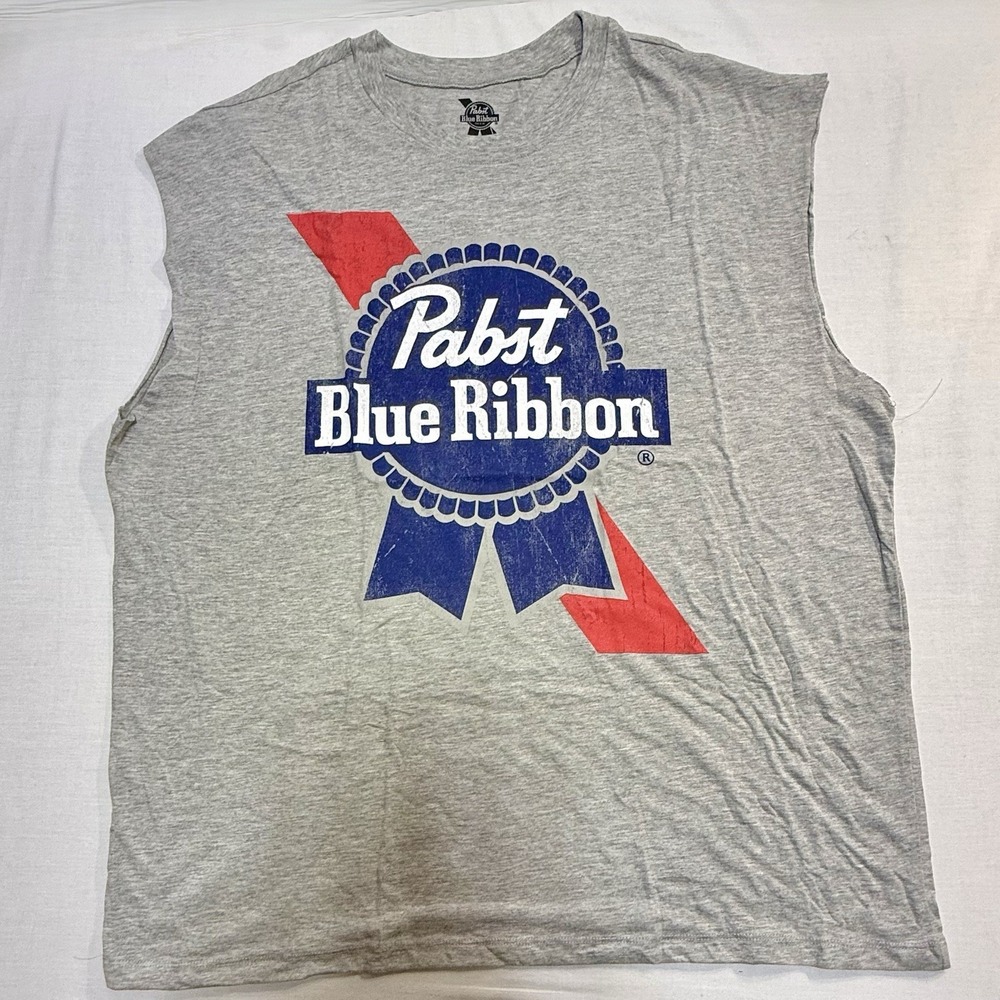 Pabst Blue Ribbon Sleeveless Tank Top Shirt Men's XL Gray Graphic Print Logo‎